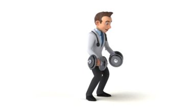 Ağırlıkları beyaza ayrılmış eğlenceli karikatür doktoru