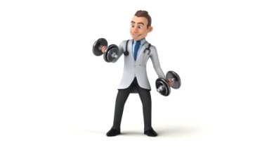 Ağırlıkları beyaza ayrılmış eğlenceli karikatür doktoru