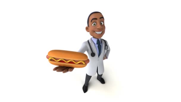 Divertido Médico Sosteniendo Hotdog — Vídeos de Stock