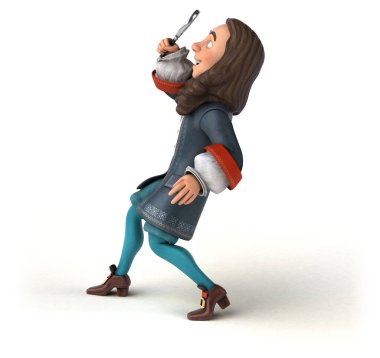 Tarihsel barok kostümlü bir karikatürcünün 3 boyutlu resmi.