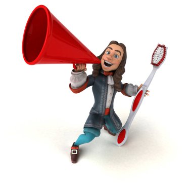 Tarihi barok kostümlü, diş fırçalı bir karikatürcünün 3 boyutlu resmi.