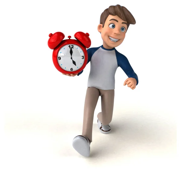 3D卡通人物有趣少年与时钟 — 图库照片