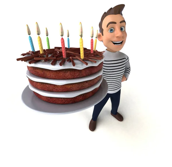 ケーキと楽しい3D漫画カジュアルキャラクター — ストック写真