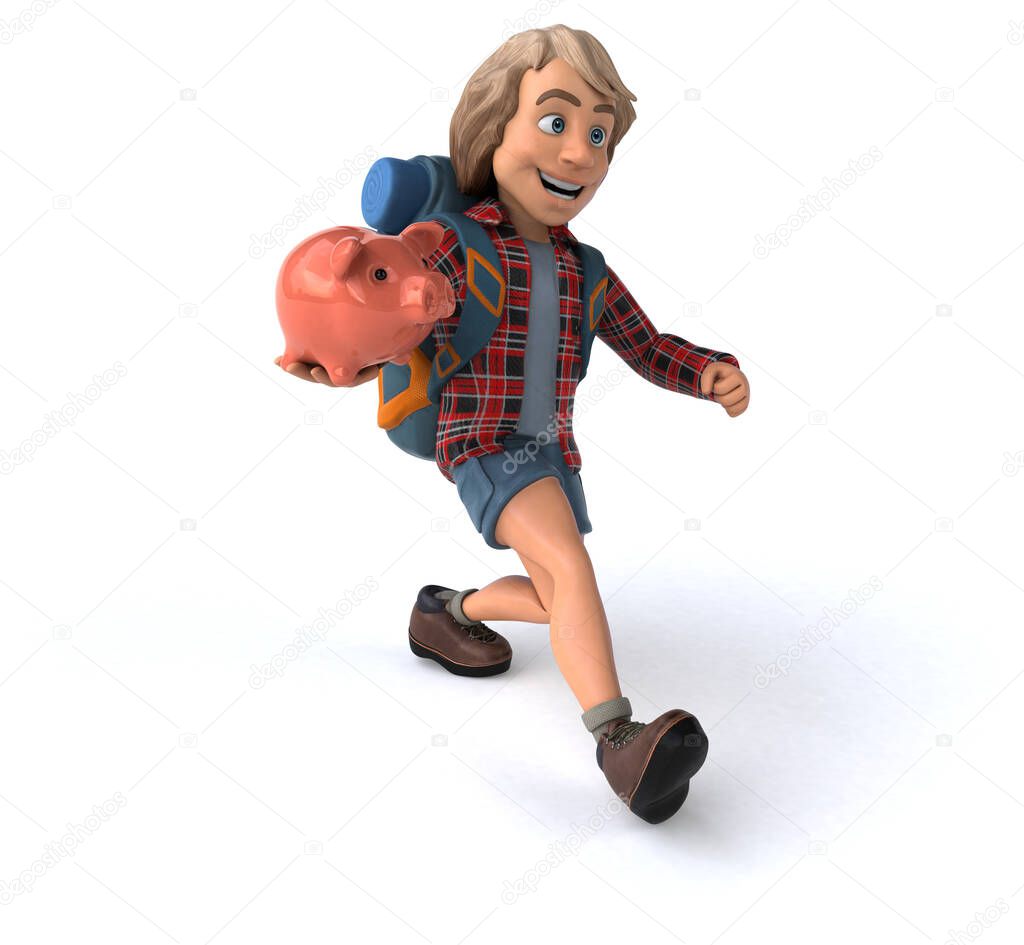 Fun backpacker cartoon guy with piggy bank 
