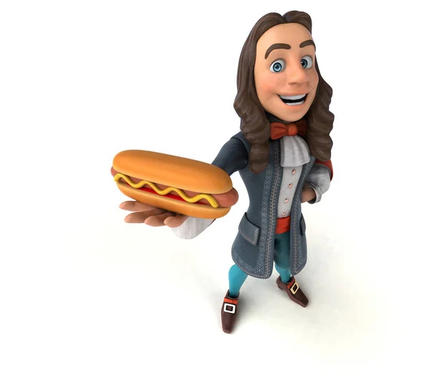 3D Illustration of a cartoon man in historical baroque costume with hotdog