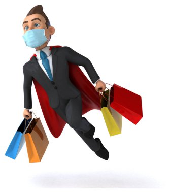 Maske alışverişi yapan eğlenceli bir süper kahraman karakteri 