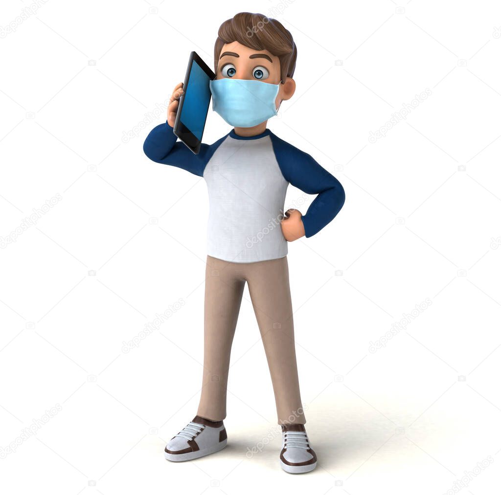 Fun cartoon kid character with a mask with smartphone