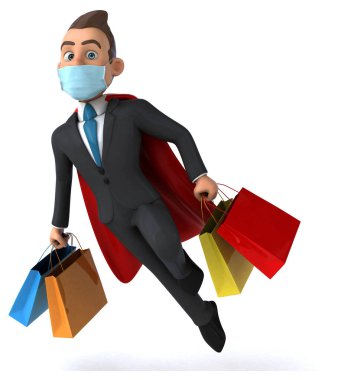 Maske alışverişi yapan eğlenceli bir süper kahraman karakteri 