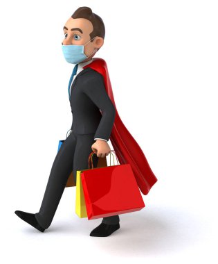 Maske alışverişi yapan eğlenceli bir süper kahraman karakteri