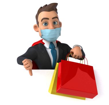 Maske alışverişi yapan eğlenceli bir süper kahraman karakteri