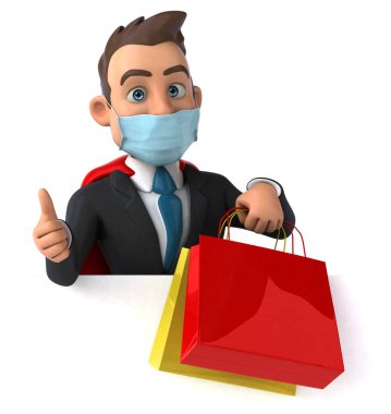 Maske alışverişi yapan eğlenceli bir süper kahraman karakteri
