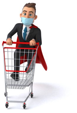 Maske alışverişi yapan eğlenceli bir süper kahraman karakteri