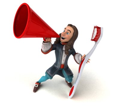 Tarihi barok kostümlü, diş fırçalı bir karikatürcünün 3 boyutlu resmi.