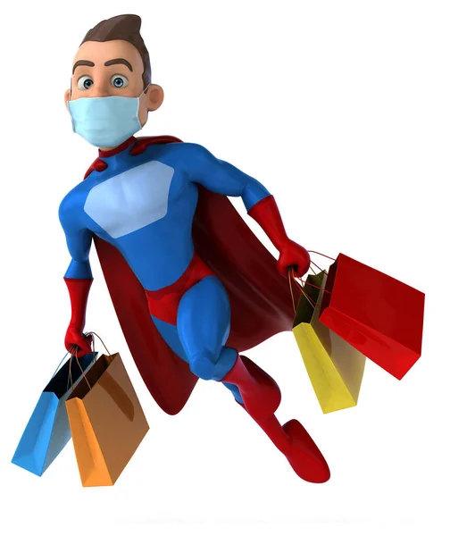 Rolig Tecknad Superhjälte Karaktär Med Mask Shopping — Stockfoto