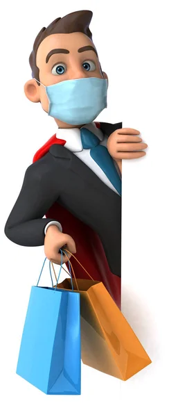 Leuke Cartoon Superheld Karakter Met Een Masker Winkelen — Stockfoto