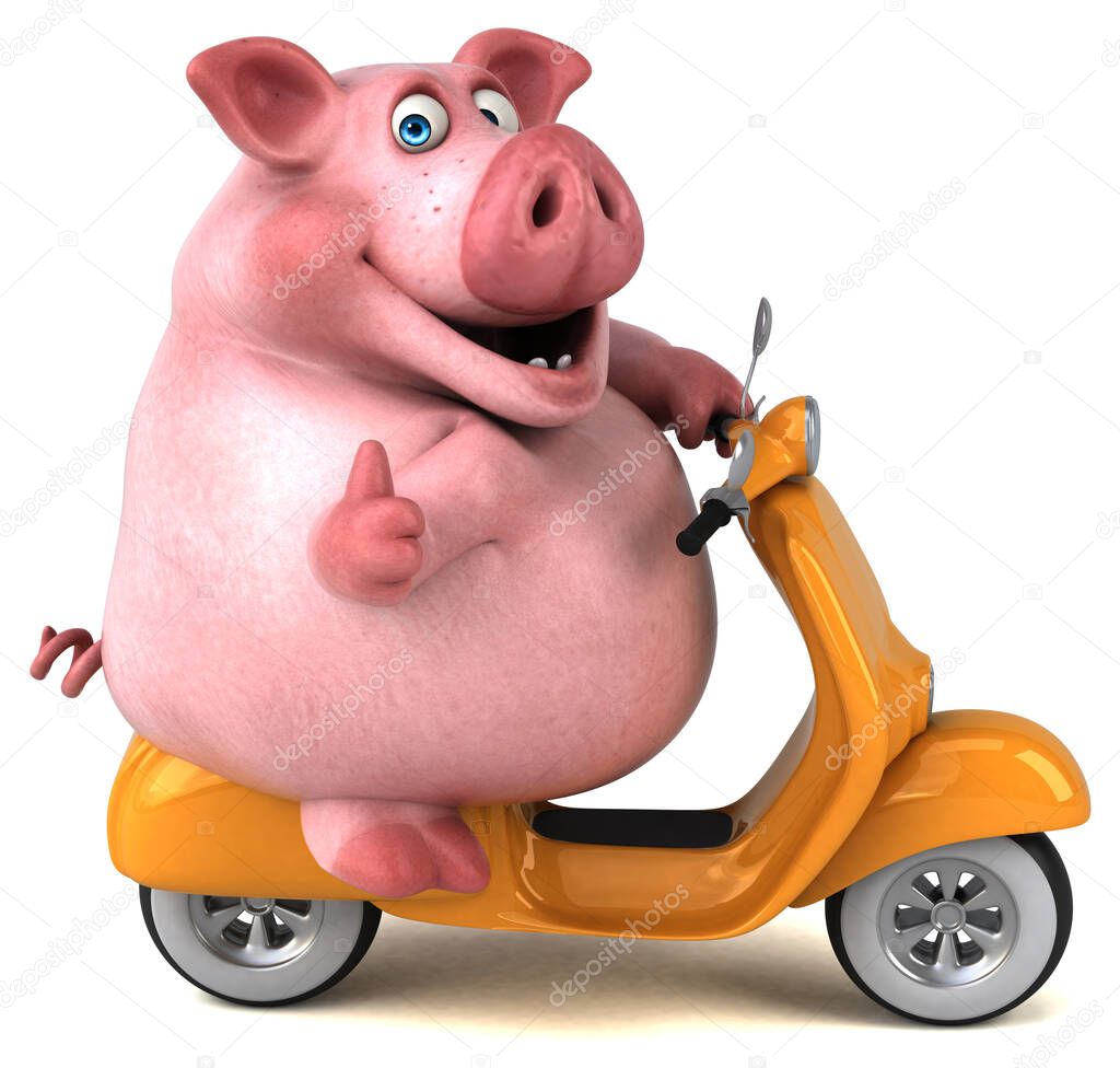 Fun pig  on scooter - 3D Illustration