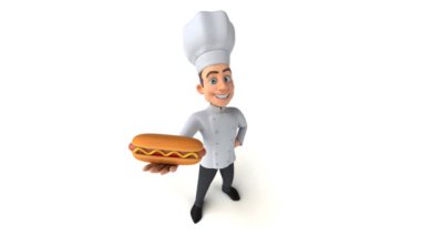 Eğlenceli şef sosisli sandviç tutuyor. 