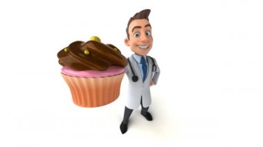 Beyaz kek yiyen eğlenceli bir çizgi film doktoru.