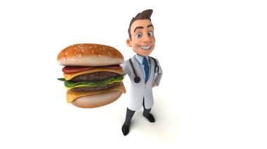 Hamburger tutan eğlenceli doktor.
