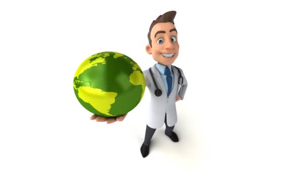 Fun Doctor Holding Globe — Stock Video