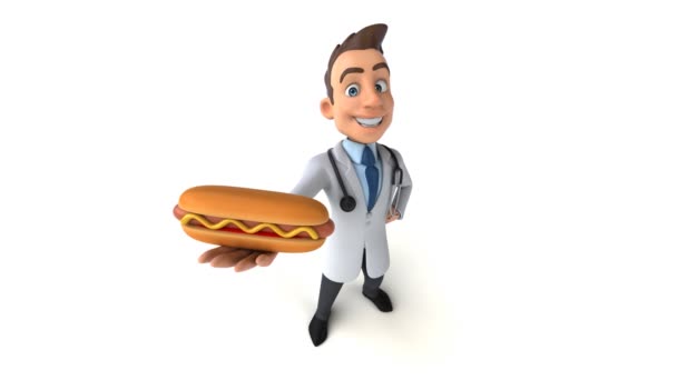 Zabawny Lekarz Gospodarstwa Hot Dog — Wideo stockowe