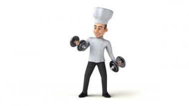 Ağırlıkları olan eğlenceli şef karakteri - 3 boyutlu animasyon 