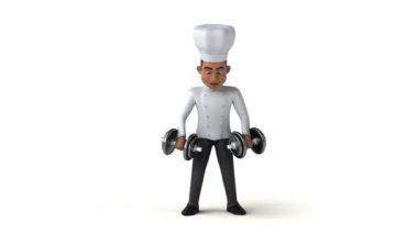 Ağırlıkları olan eğlenceli şef karakteri - 3 boyutlu animasyon 