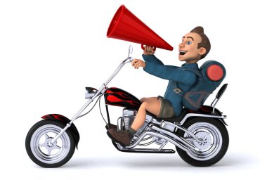 Motosikletli bir üç boyutlu sırt çantası çiziminin eğlenceli bir çizimi