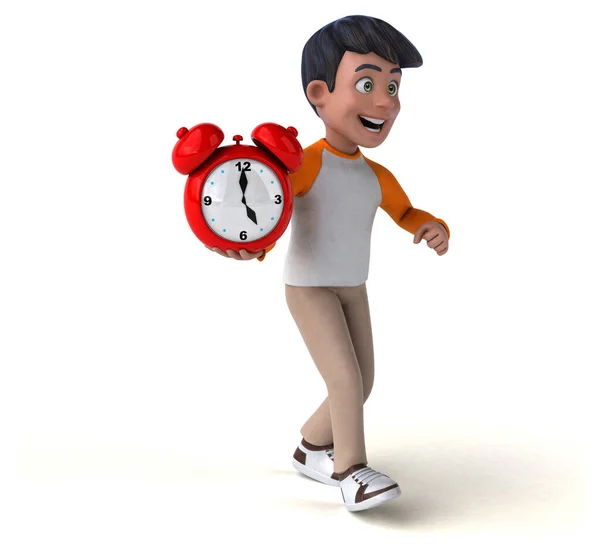 带时钟的3D漫画亚洲青少年 — 图库照片