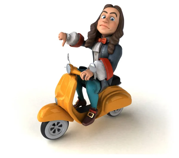 3D Illustration of a cartoon man in historical baroque costume on scooter  - 3D Illustration