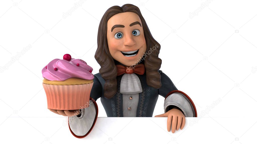 3D Illustration of a cartoon man in historical baroque costume with cupcake - 3D Illustration