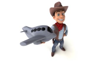 Uçağı olan komik çizgi film karakteri kovboy - 3 boyutlu animasyon 