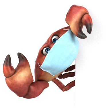 Beyaz arkaplanda maske takan eğlenceli 3D karikatür yengeci