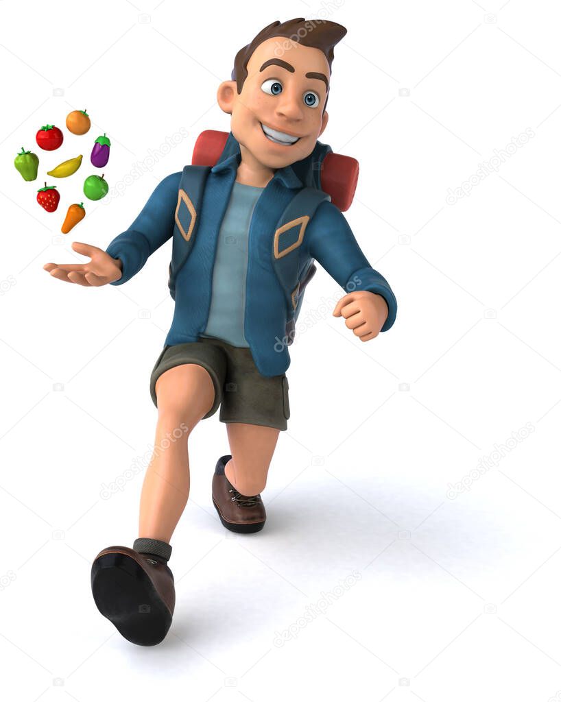 Fun illustration of a 3D cartoon backpacker with fruits 