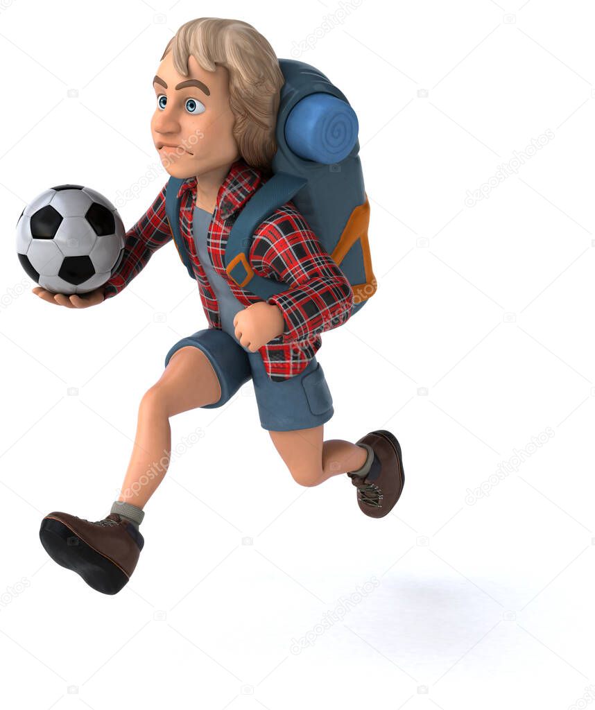 Fun backpacker cartoon guy with ball - 3D Illustration