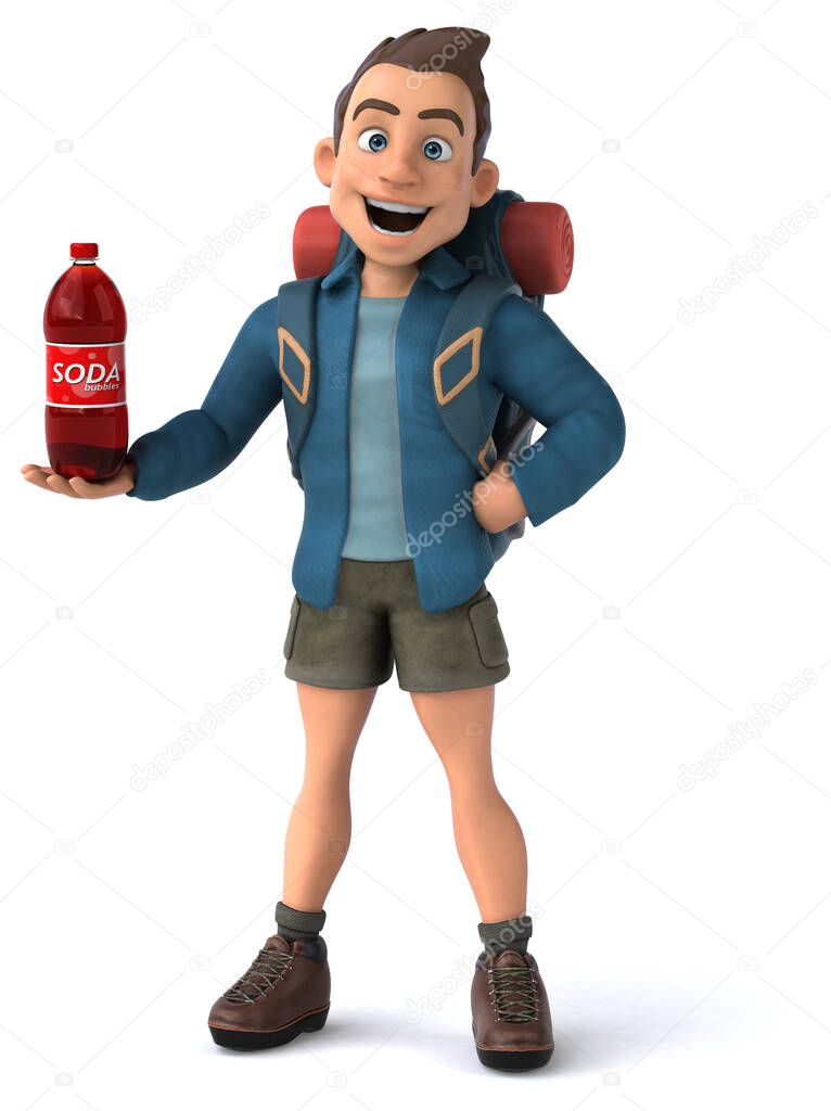 Fun illustration of a 3D cartoon backpacker with soda 