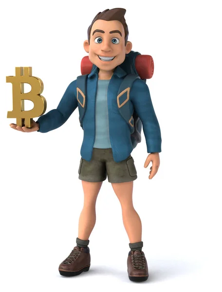 Lustige Illustration Eines Cartoon Backpacker Mit Bitcoin — Stockfoto