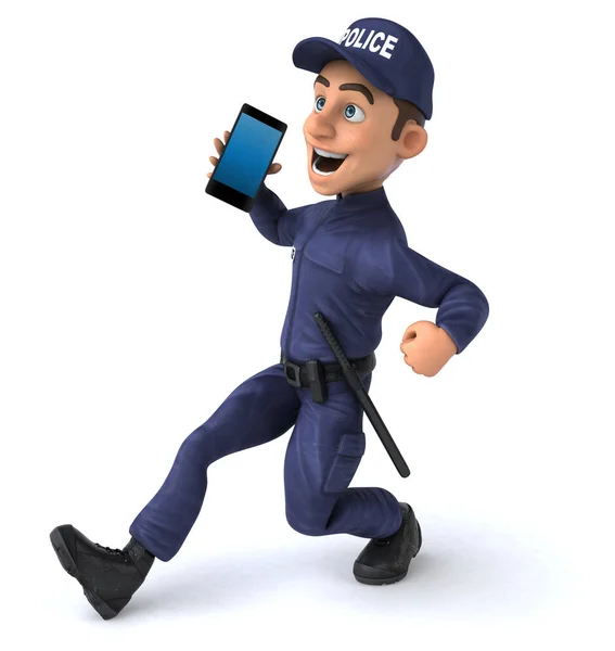一个拿着智能手机的卡通警察的3D有趣图片 — 图库照片