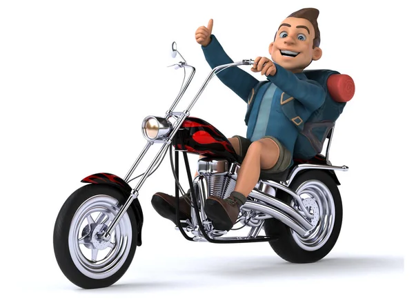 摩托车上3D卡通背包客的趣味图 — 图库照片