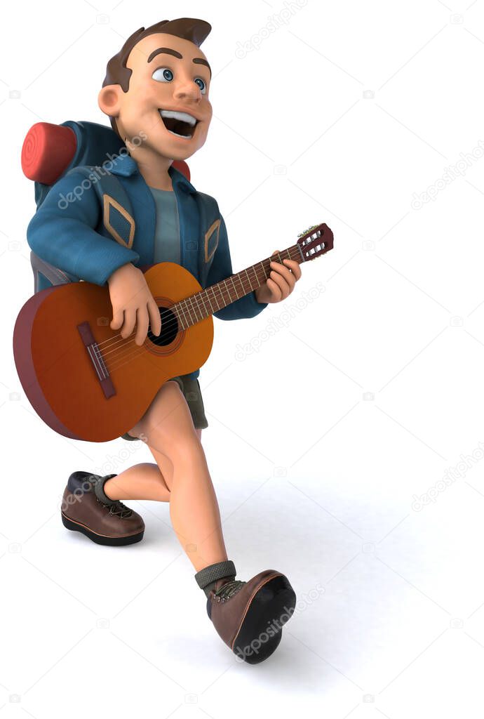 Fun illustration of a 3D cartoon backpacker with guitar 