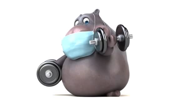 Fun Cartoon Figur Nilpferd Mit Maske Die Gewichte Hebt Isoliert — Stockvideo