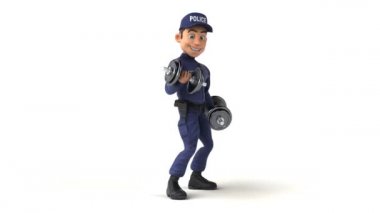 Ağırlık çalışan bir polis memurunun 3 boyutlu eğlenceli animasyonu.