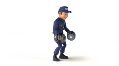 Ağırlık çalışan bir polis memurunun 3 boyutlu eğlenceli animasyonu.