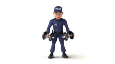 Ağırlık çalışan bir polis memurunun 3 boyutlu eğlenceli animasyonu.