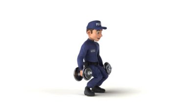 Ağırlık çalışan bir polis memurunun 3 boyutlu eğlenceli animasyonu.