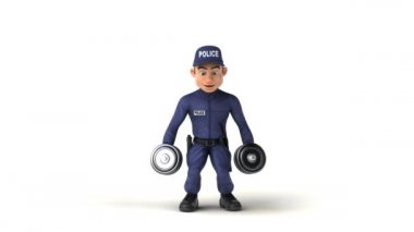Ağırlık çalışan bir polis memurunun 3 boyutlu eğlenceli animasyonu.