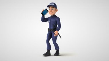 Akıllı telefonlu bir polis memurunun 3 boyutlu eğlenceli animasyonu.