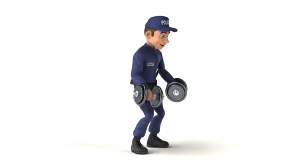 Leuke Animatie Van Een Cartoon Politieagent Oefenen Met Gewichten — Stockvideo