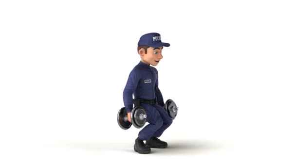 Szórakoztató Animáció Egy Rajzfilm Rendőr Gyakorló Súlyokkal — Stock videók