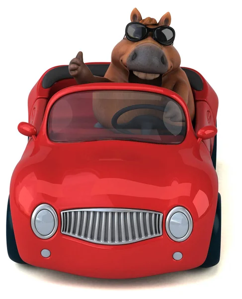 車の上の楽しい馬 3Dイラスト — ストック写真